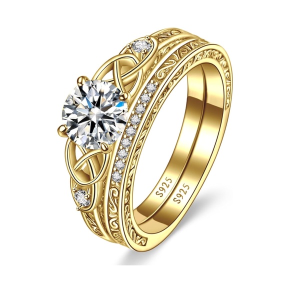 10k Love Trinity Celtic Knots Wedding Engagement Ring Set - Picture 2 of 10